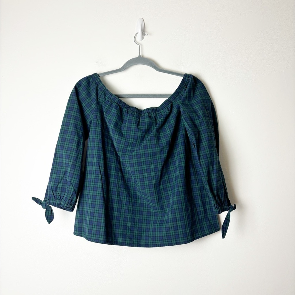 VINEYARD VINES • Women’s Off The Shoulder Navy/Green Plaid Cotton Top Size 10